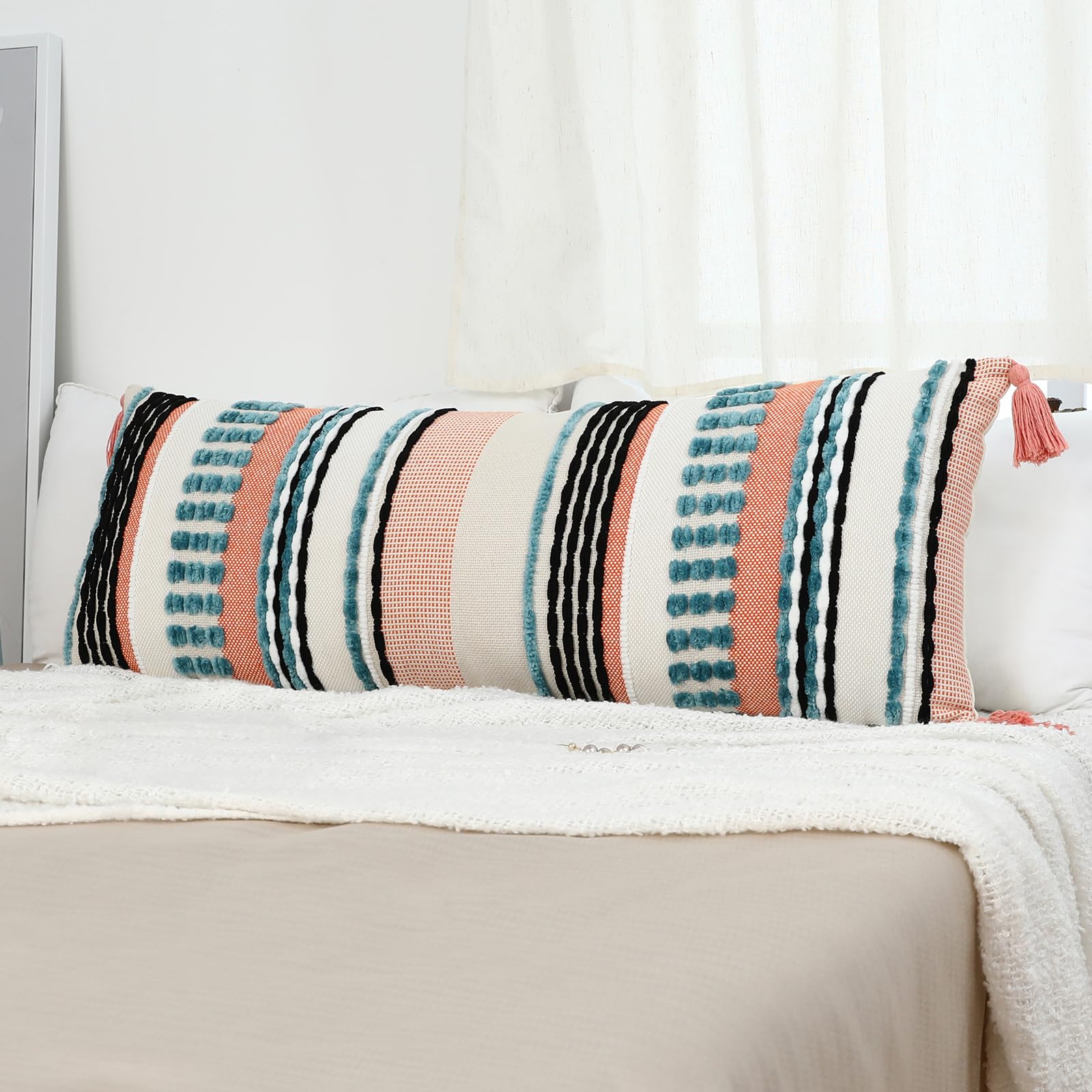 Labilin Boho Long Lumbar Cushion Covers 14x36 Farmhouse Decorative Cushion Case Pillows Cover Geometric Chenille Cushion Cover With Tassels Splice Pillowcase for Sofa Couch Bed, Blue Pink and Beige