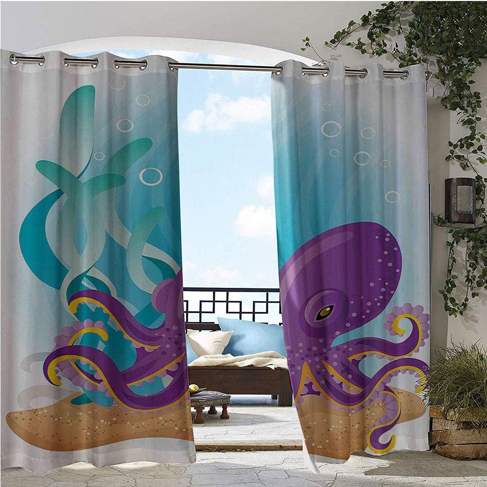 GUUVOR Patio Curtains, Cute Octopus on Seabed Underwater with Coral Reefs Aquarium Print, Outdoor Curtain for Patio,Outdoor Patio Curtains W120 x L84 Inch Sky Blue Purple Sand Brown