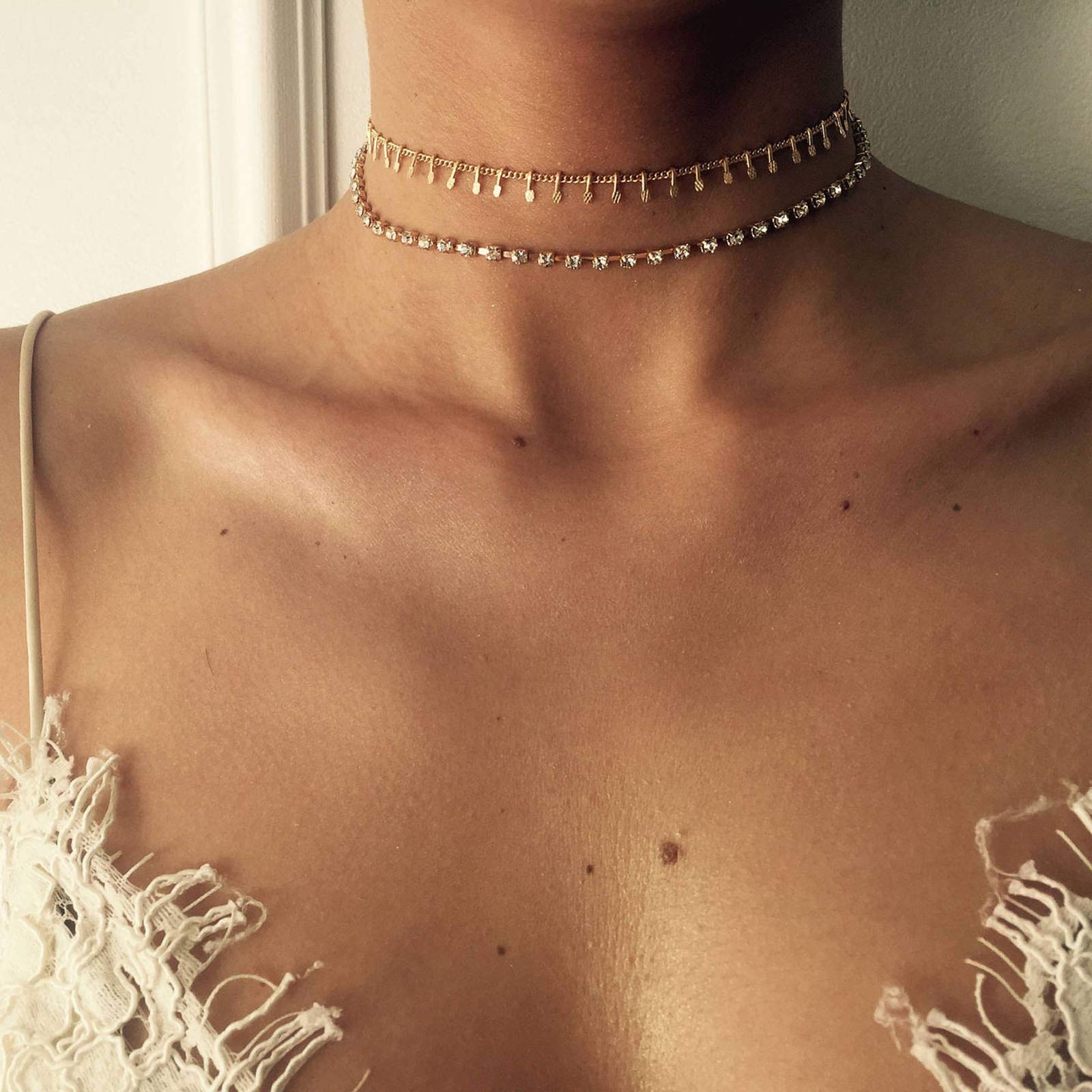 Yienate Fashion Layered Rhinestone Choker Necklace Dainty Tassel Bar Choker Gold Chain Set Minimalist Charm Necklace Jewelry for Women and Girls