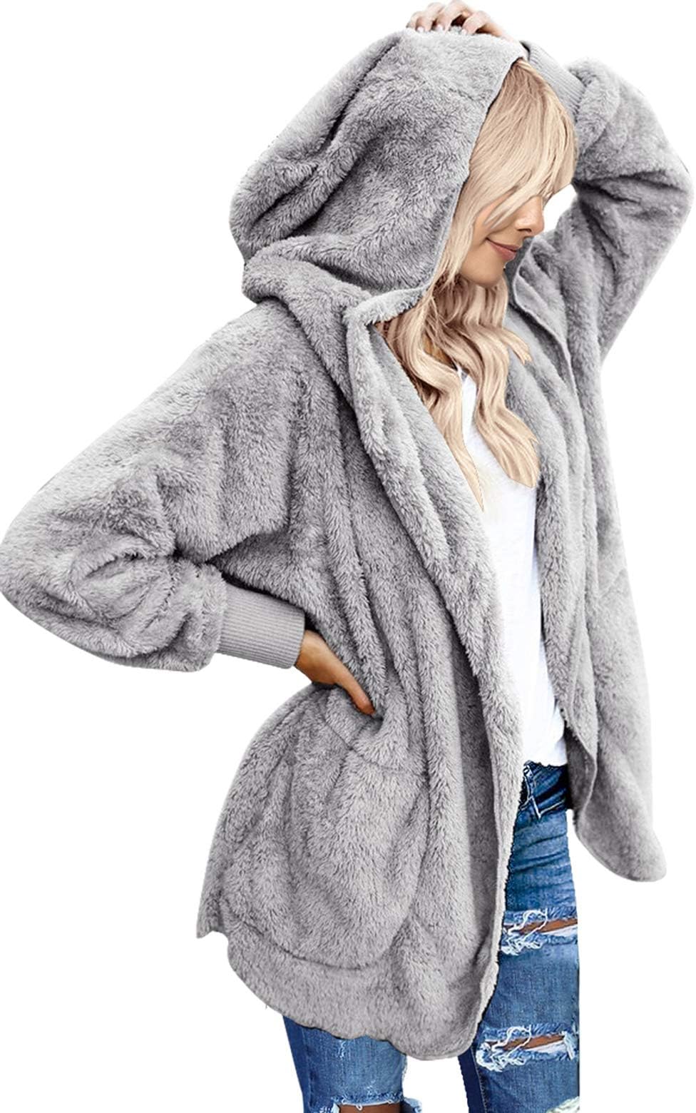 Women's Casual Draped Open Front Oversized Pockets Hooded Coat Cardigan