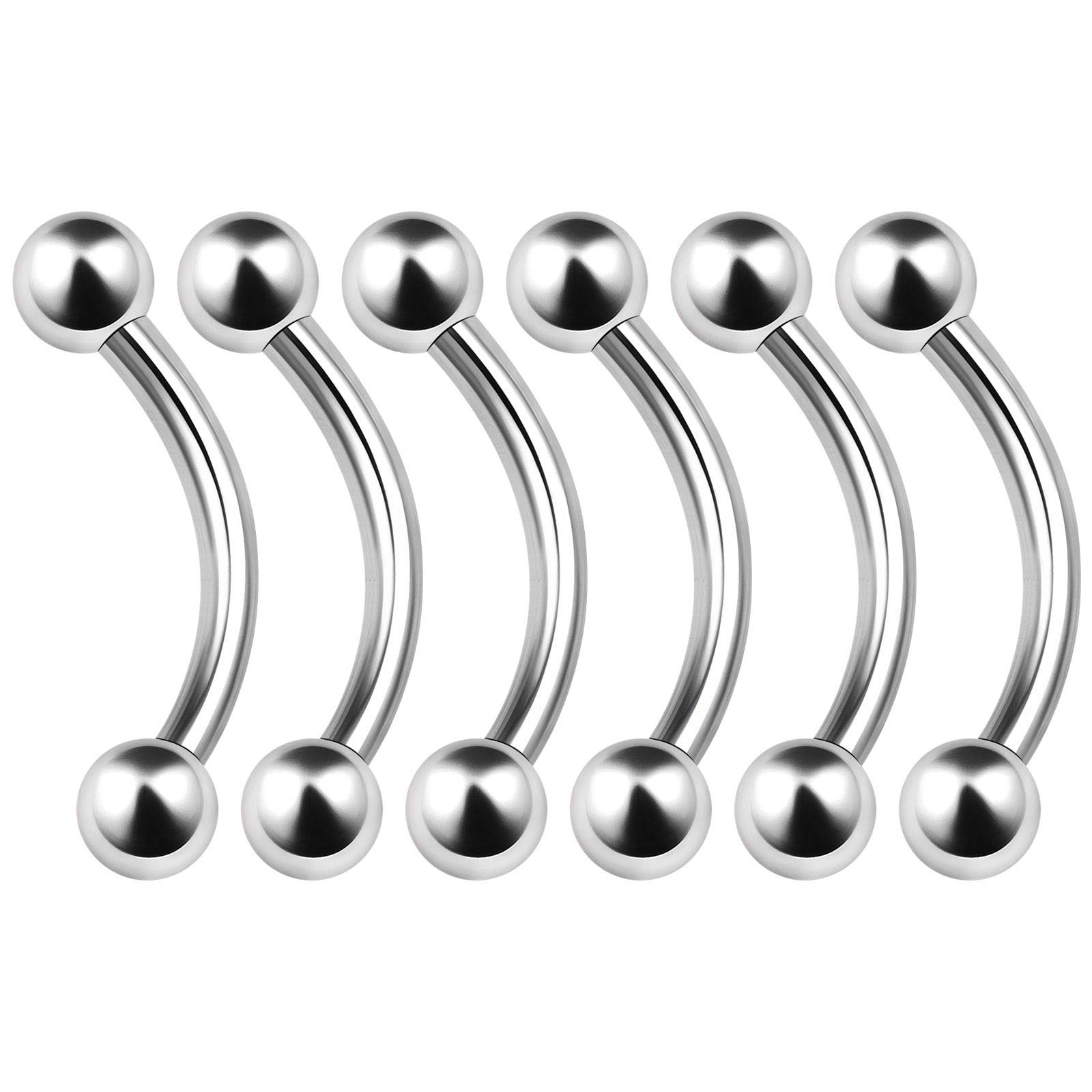 BanaVega 6PCS Stainless Steel Curved Barbell Bar 14g 1.6mm 3/8 10mm 4mm Ball Labret Rook Daith Earring Eyebrow Piercing Jewellery 6428