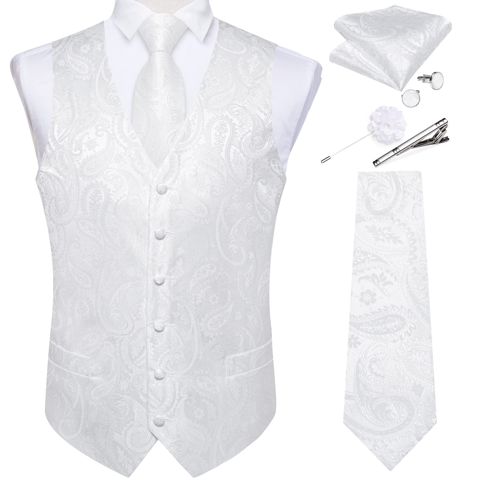 DiBanGu Mens Paisley Vest Tie Set with Lapel Pin Tie Clip 7PCS Silk V-Neck Suit Waistcoat and Necktie for Tuxedo Wedding, White, 3X-Large Image