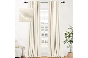 INOVADAY 100% Cream Blackout Curtains 84 Inch Length 2 Panels Set, Back Tab/Rod Pocket Linen Blackout Curtains for Bedroom Thermal Insulated Room Darkening Drapes Black Out Curtains, 52''W x 84''L