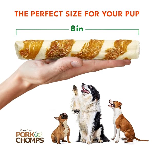 PORK CHOMPS BAKED PORK SKIN DOG CHEWS, 8-INCH ROLLS, REAL CHICKEN WRAP, 2 COUNT
