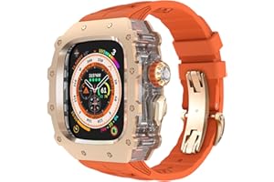 HUALIMEI 316L Stainless Steel Case for Apple Watch Ultra 2 49mm Fluoroelastomer Band, Mens Luxury Bumper Cover iWatch Ultra 49mm Shock-Resistant Case Replacement FKM Strap (49mm, Rose gold)