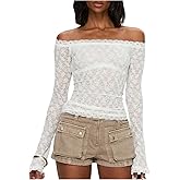 Floerns Women's Floral Lace Off Shoulder Tops Long Sleeve Ruched Mesh Date Night Tee Tops