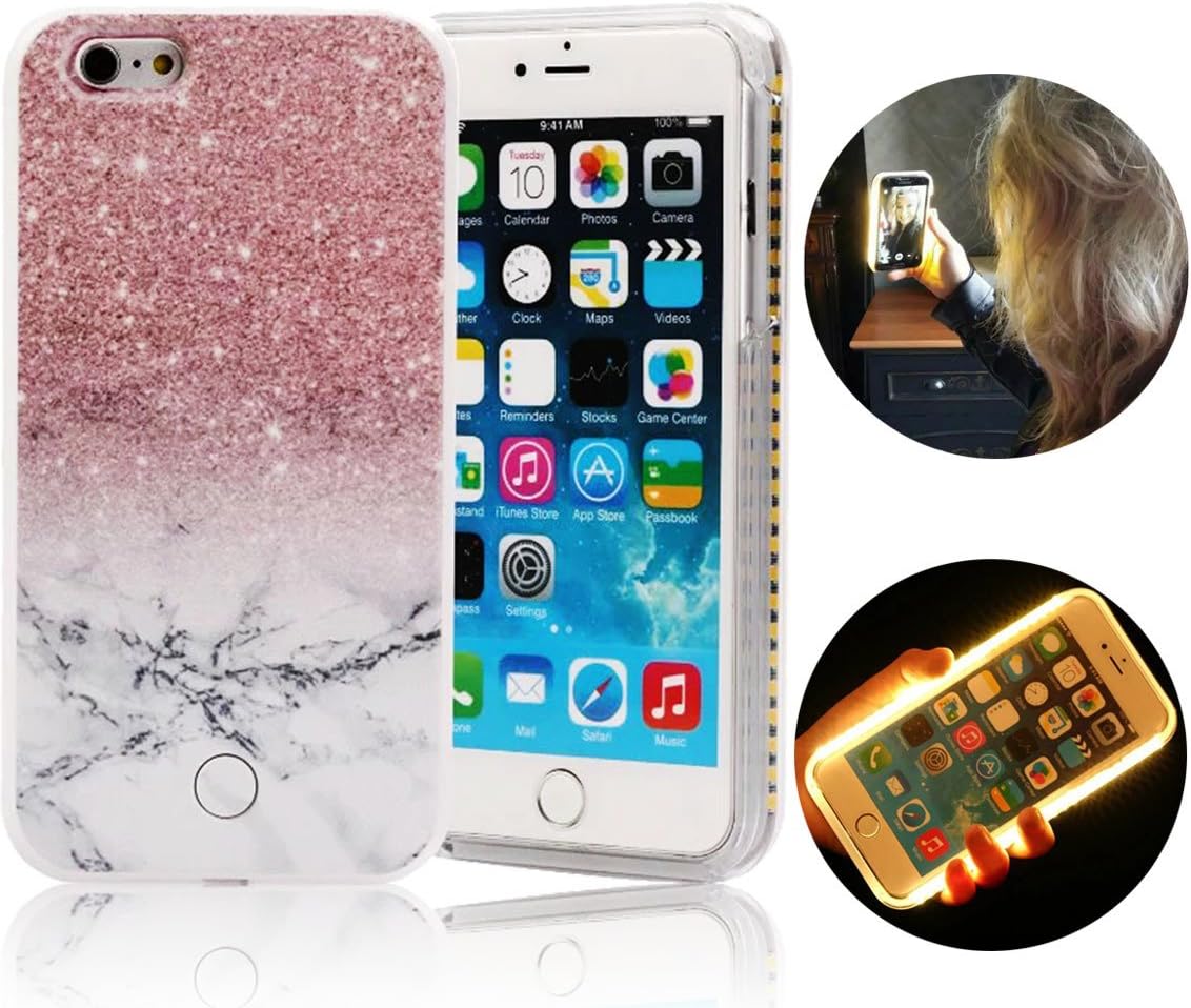 iPhone 6 Plus Case,Sunroya[LED Flashing Series] Creative Incoming Call Light up Hard PC Selfies Rear Light Shining Transparent Cover for iPhone 6S Pus 5.5",Glitter Pink Snow Pattern
