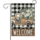 Terkki Welcome Spring Summer Truck Decorative Garden Flag, Buffalo Plaid | Cotton Eucalyptus Leaves Small Yard Outside Decorations, Farmhouse Rustic Burlap Outdoor Home Decor Double Sided 12 x 18