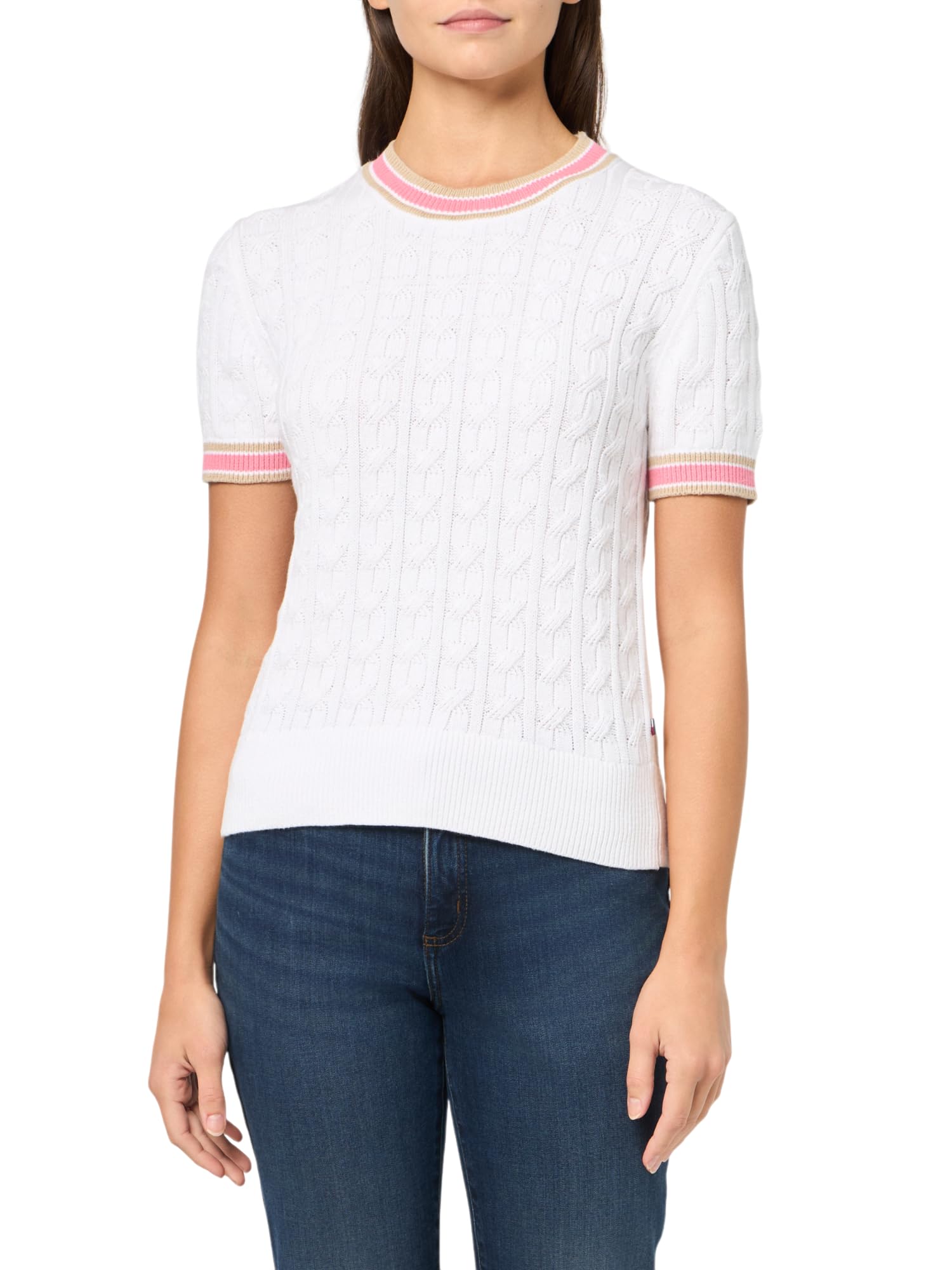 Tommy Hilfiger Women’s Short Sleeve Cable Sweater, Bright White Multi, X-Small
