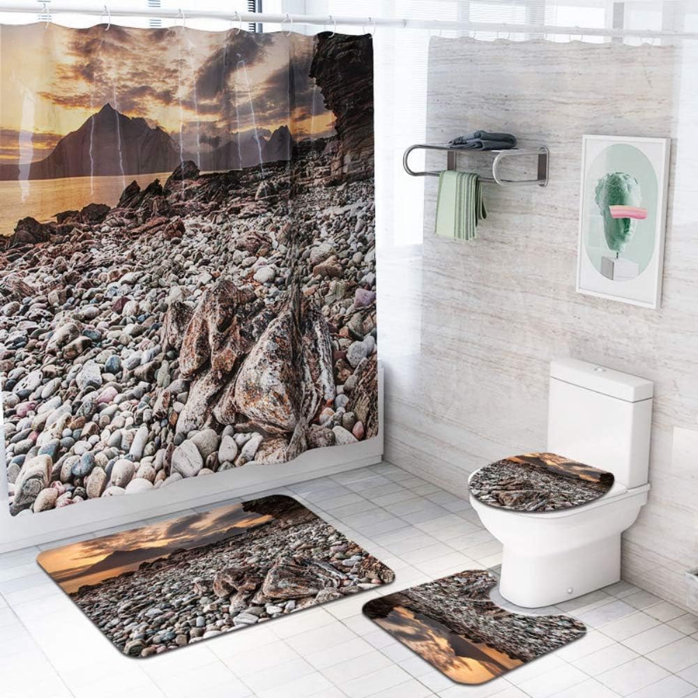 Amazon Com Peyan 4pcs Set Pebble Cobble Beach Themed Print Bathroom Accessories Set Non Slip Flannel Shower Bath Rug Mats And Polyester Shower Curtain With Hanging Hooks Home Kitchen