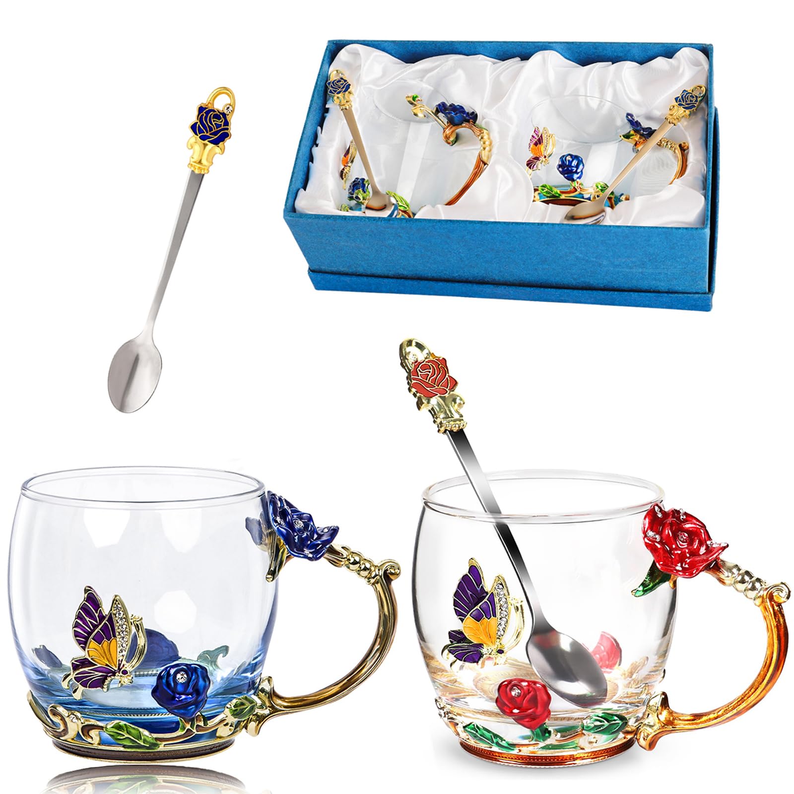 Photo 1 of DUMVOIN Tea Cup Glass Coffee Mugs,Fancy Tea Cup Set Birthday Christmas Valentine's Day Gift Idea for Tea Lover and Women Novelty Coffee Mugs Rose Flower Enamel Cup with Spoon (Blue & red rose cup)