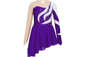 TSSOE Kids Girls Long Sleeve Sequins Printing Ice Roller Figure Skating Dress Illusion Ballet Dancewear
