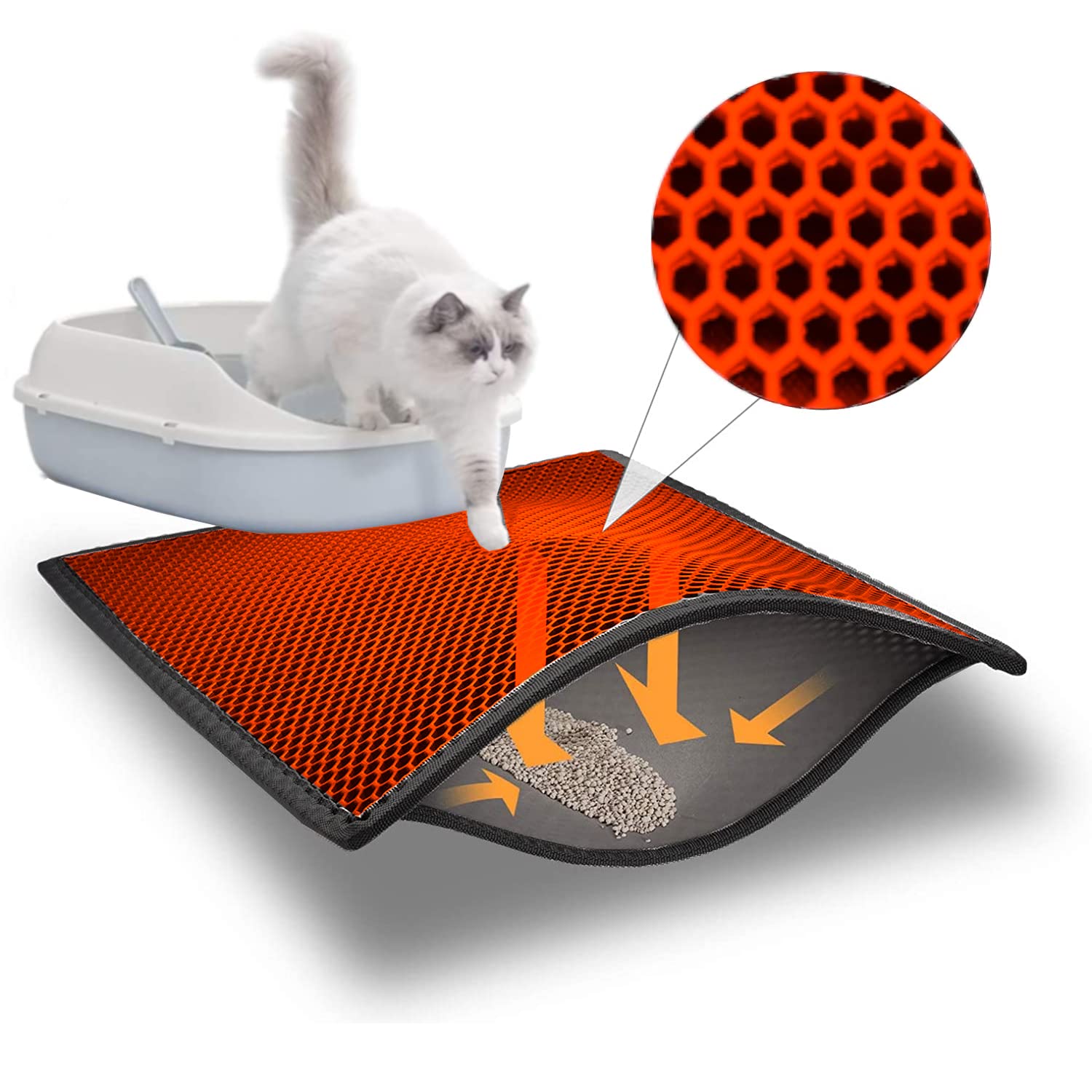 Blue Eyes Cat Litter Tray Mat, Litter Tray Underlay, Honeycomb Design, Waterproof, Double Layer Design, 60x40 cm, Red