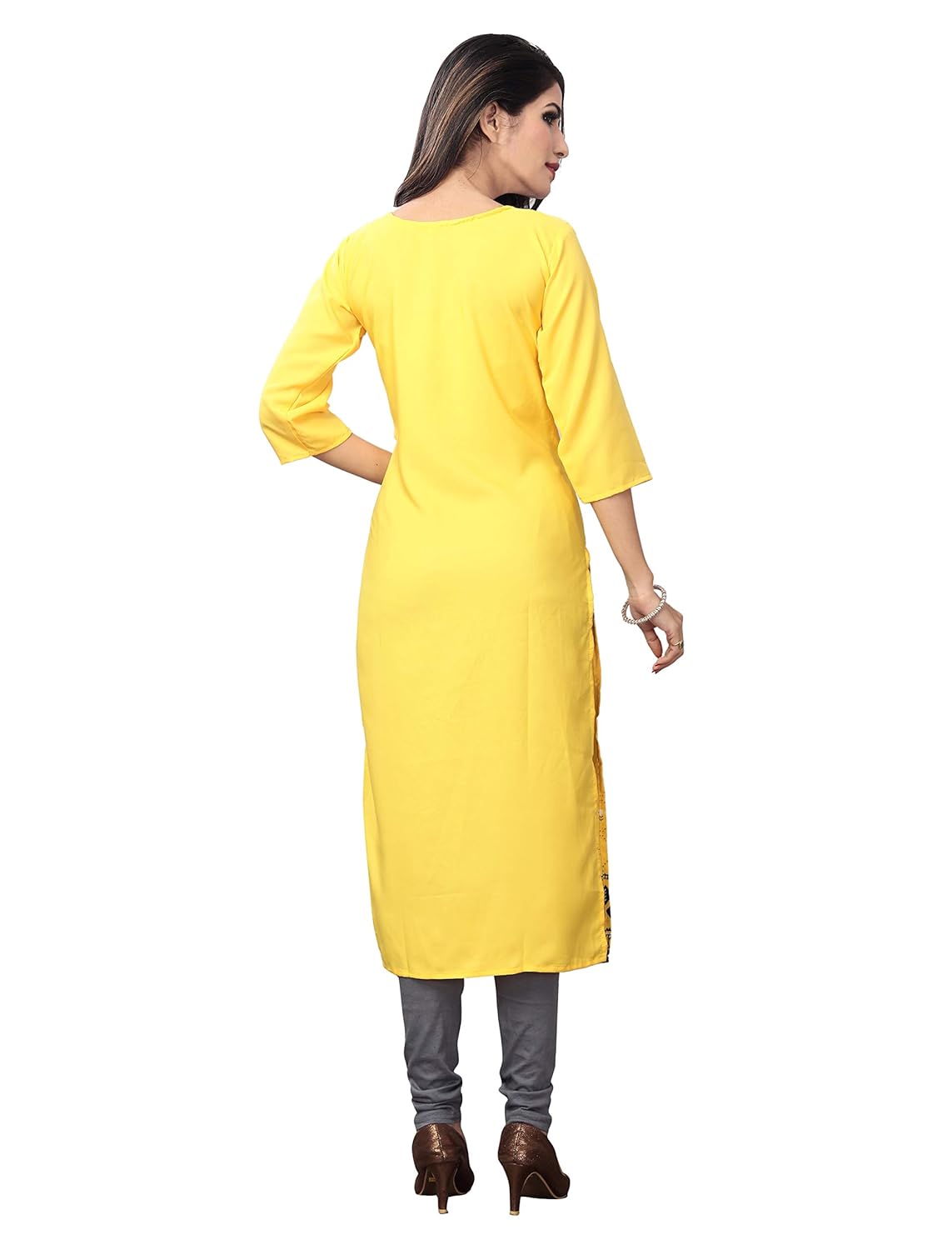 1 stop fashion women's yellow heavy crepe knee long straight kurti