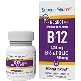 Superior Source Vitamin B-12 1,000 mcg, B-6, Folic Acid 800 mcg, 60 Ct | Sublingual B-12 Methylcobalamin Formula with B-6 and Folic Acid Supporting Brain, Heart Health and Natural Energy Levels