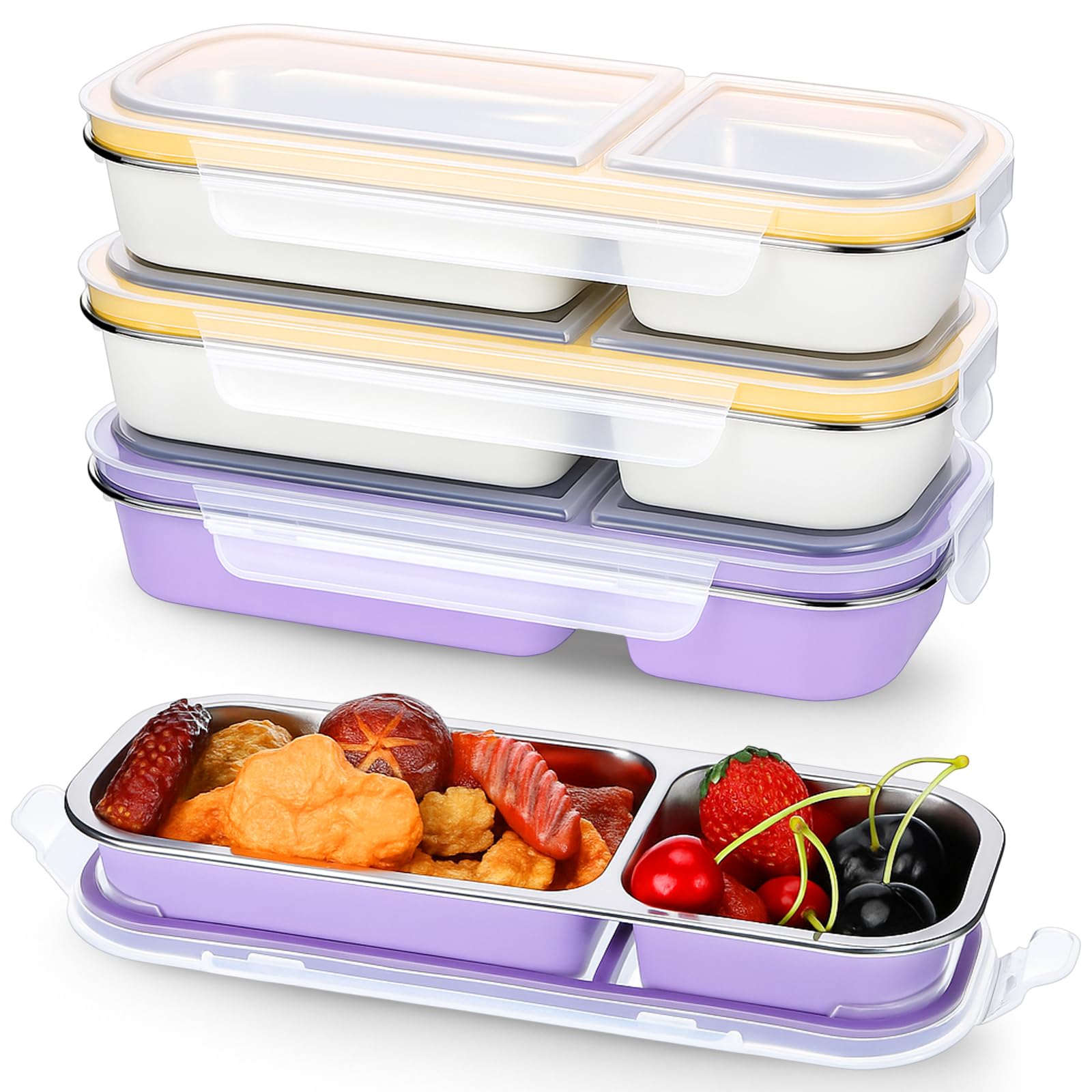 Photo 1 of CHENGU 4 Pcs Stainless Steel Snack Containers - Reusable 2 Compartments Leakproof Metal Box with Lids, Large Grab and Go Divided Food Storage Containers for Home, Travel (Purple, Cream White)