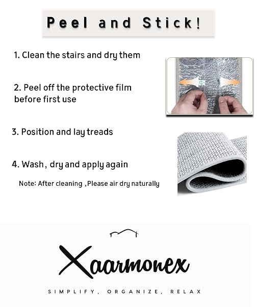 XAARMONEX NATURAL LINEN STAIR TREADS FOR WOODEN STEPS, 15 PCS 8″ X 30″,NON SLIP STAIR RUNNER, PEEL AND STICK CARPET INDOOR FOR KIDS ELDERS AND PETS (15, GREY, 8″ X 30″)