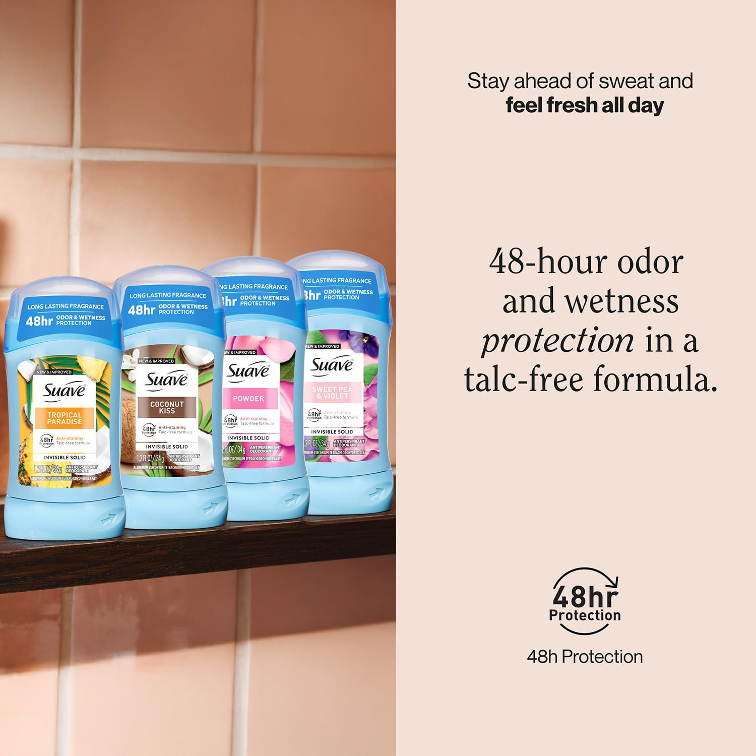 Suave Antiperspirant Deodorant for Women Variety 4-Pack – Powder, Tropical Paradise, Coconut Kiss, Sweet Pea & Violet, Anti-Staining Invisible Solid, Talc-Free, 1.2 Oz Ea