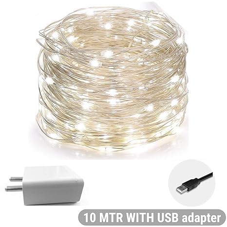 MANSAA® USB String Lights Combo with USB Adaptor, 1 Cool White Light, 1 USB Adaptor, 10 MTR 100 LED's, USB Operated