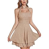 Sparkly Halter Dress for Women, Sleeveless Cocktail Party Square Neck Sparkling Dresses Backless Women's Evening Clubwear