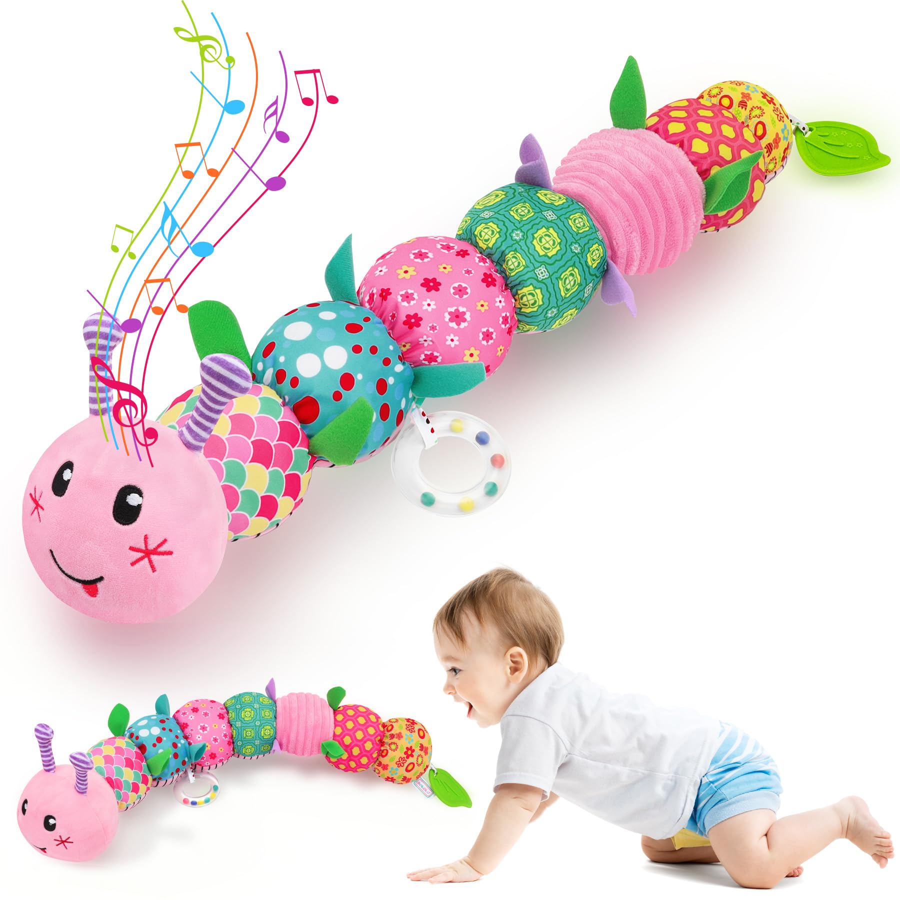 Baby Girls Toys 6-12 Months - Infant Sensory Music Animal Stuffed Caterpillar Toy with Rattle & Mirror Crinkle for Tummy Time, Newborn 0 3 6 9 12 18 Shower Gifts Soothing Companion Toys — image 1