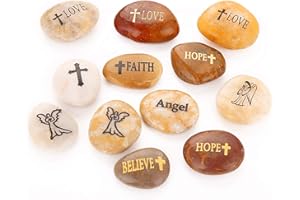 ROCKIMPACT 12PCS RockIpact Engraved Guardian Angel Stones Hope Love Faith Believe Inspiration Worry Healing Stones Novelty Serenity Prayer Rock, Pocket Sized Shiny Pebbles (Set of 12, Bulk Lot)