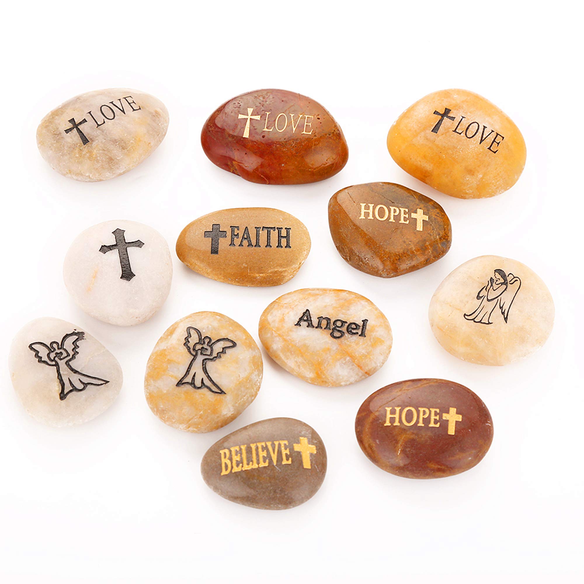 ROCKIMPACT 12PCS Guardian ANGEL Engraved Inspirational Stones, Sentimental Gifts, Motivational Present Keepsake, Prayer Message Pebbles, Guardian Angel Ornament, Wholesale Price, 5-8cm (2"-3") ea