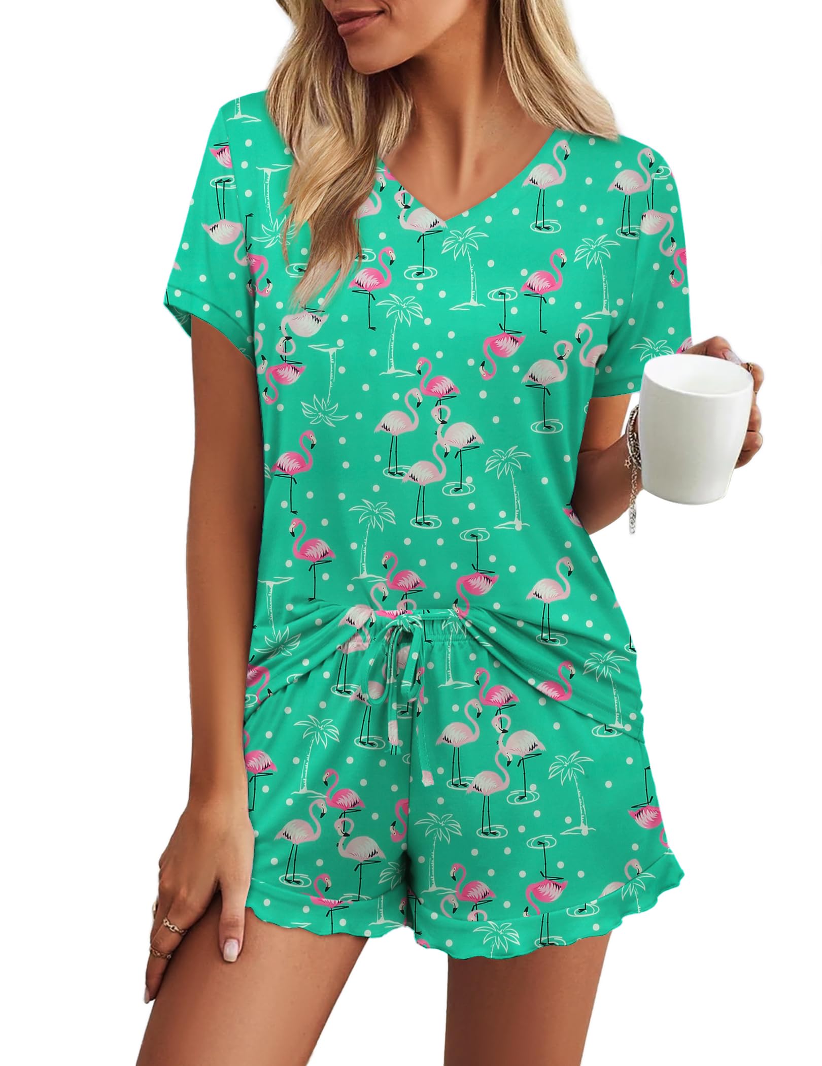 Photo 1 of S Ekouaer Womens Pajama Sets Summer Pjs Soft Short Sleeve Sleepwear Comfy Ruffle Pj Shorts Set Cute Lounge Sets with Pockets Green Flamingo 