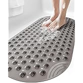 DEXI Bathtub Mat Non Slip 16x35, Shower Floor Mats for Bathroom Bath Tub, Washable Oval Bathmat with Suction Cups and Drain Holes, Clear Gray