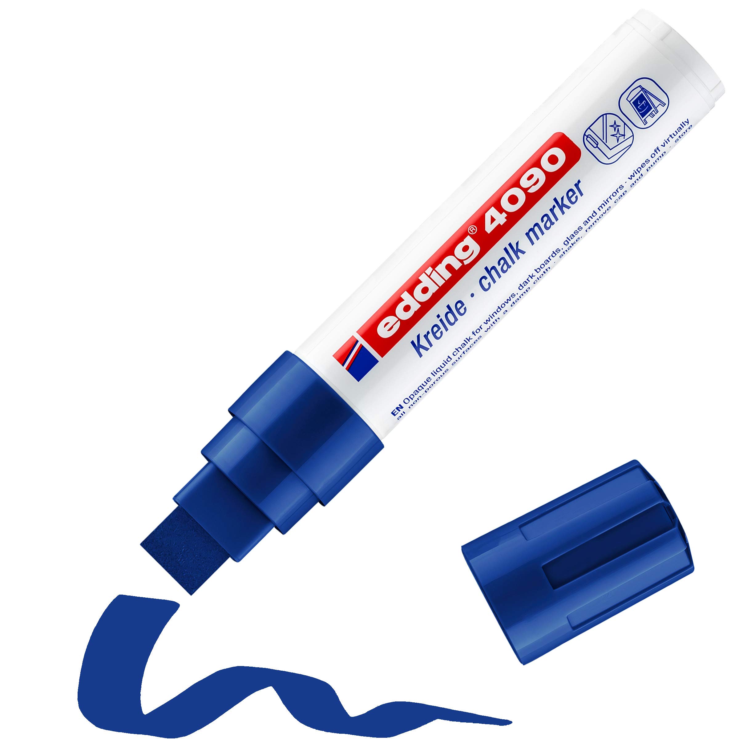 edding 4090 chalk marker - blue - 1 chalk pen - chisel nib 4-15 mm - broad-nib wet wipe pen for chalkboards, windows, glass, mirrors - liquid chalk marker pens for opaque coverage