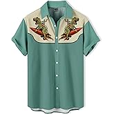 DADDYLOCO Hawaiian Western Cowboy Shirts, BBQ Holiday Parties,Funny Vintage Print Button-Down Shirt,Beach Aloha Shirt