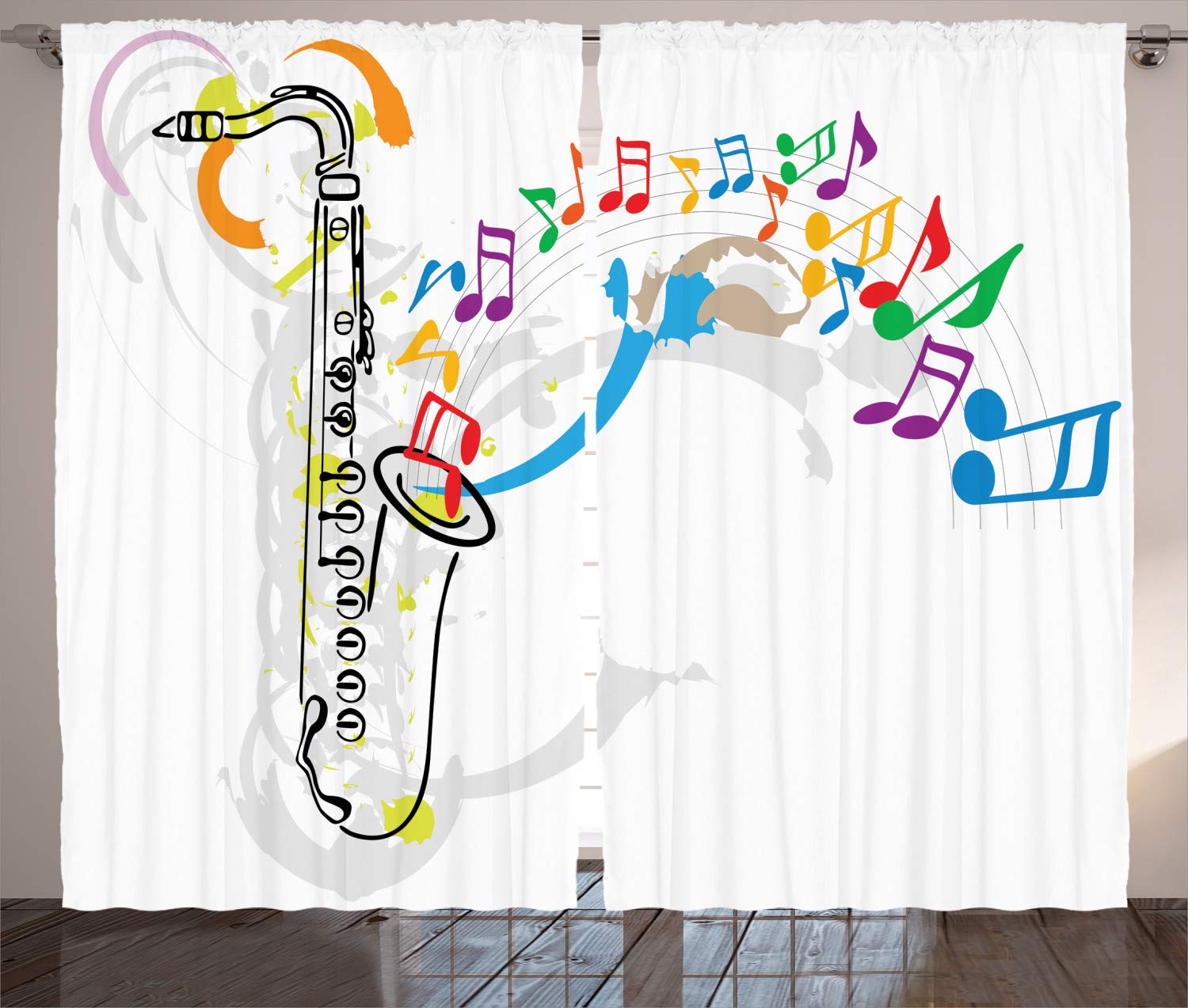 ABAKUHAUS Jazz Music Curtains, Celebration Festival Theme Colorful Artwork with Music Notes and Saxophone, Living Room Bedroom Window Drapes 2 Panel Set, 89 L X 110 W, Orange Green Red