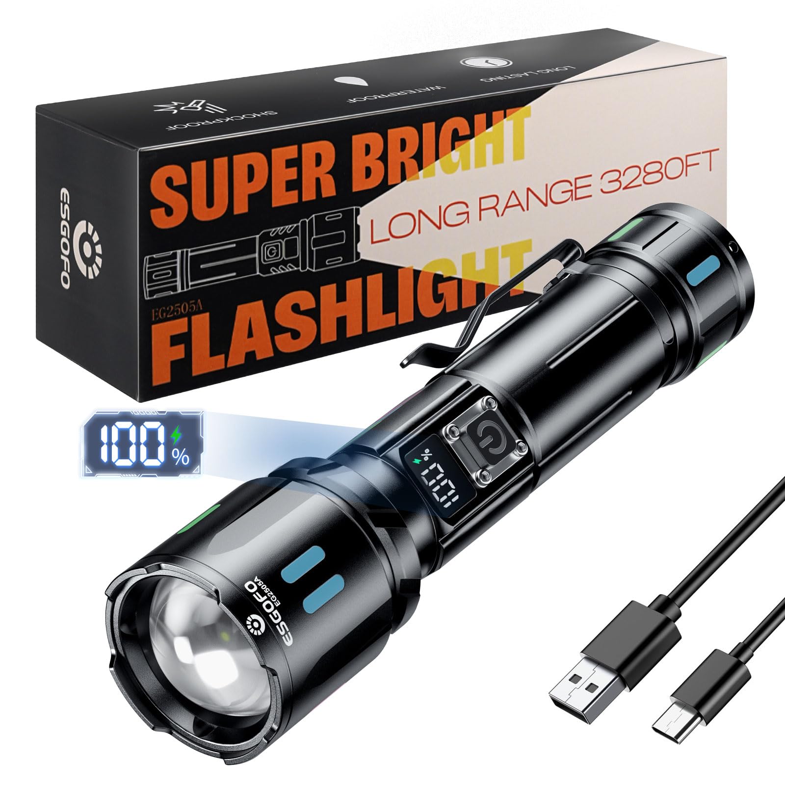 Esgofo Rechargeable Flashlights High Lumens 10000, Single Click Button Design, Super Bright 30W LED, Long Lasting 15H, USB C Input & Output, LCD Power Display, 6.69” Length, for Camping Hiking Home Image