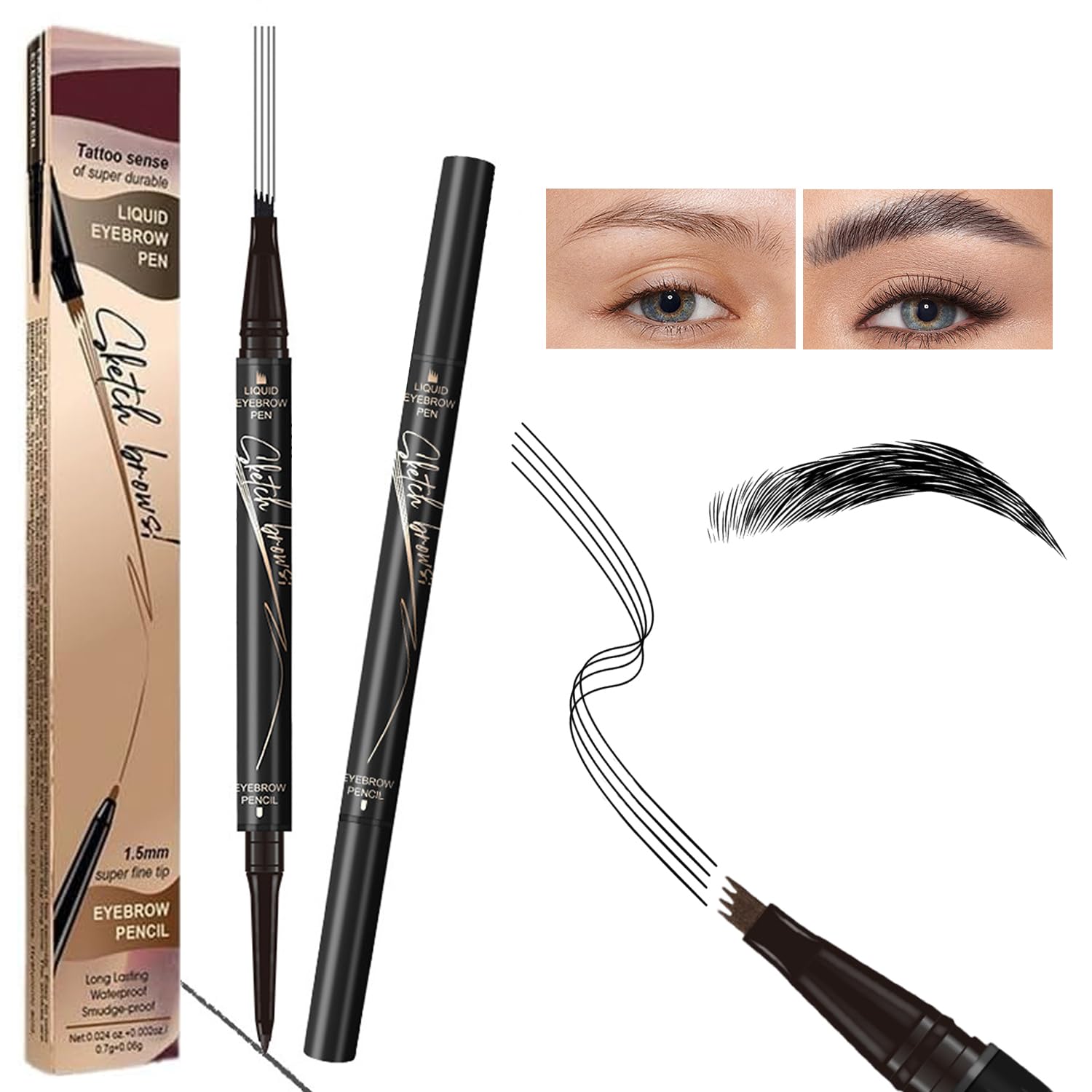 New 3D Microblading 2 In 1 Waterproof Eyebrow Pen - Double End, 4 Fork Tip Tattoo Pencil, Long-Lasting, Smudge Proof Brow Pencil for Makeup, 2pcs
