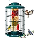 Mosloly Caged Bird Feeder for Wild Birds Outside, Large Squirrel-Proof Heavy-Duty Metal Hanging Tube Bird Feeder, 4 Feeding P
