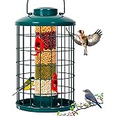 Mosloly Caged Bird Feeder for Wild Birds Outside, Large Squirrel-Proof Heavy-Duty Metal Hanging Tube Bird Feeder, 4 Feeding Ports, 13.2'' High, 3LB Seed Capacity (Green)