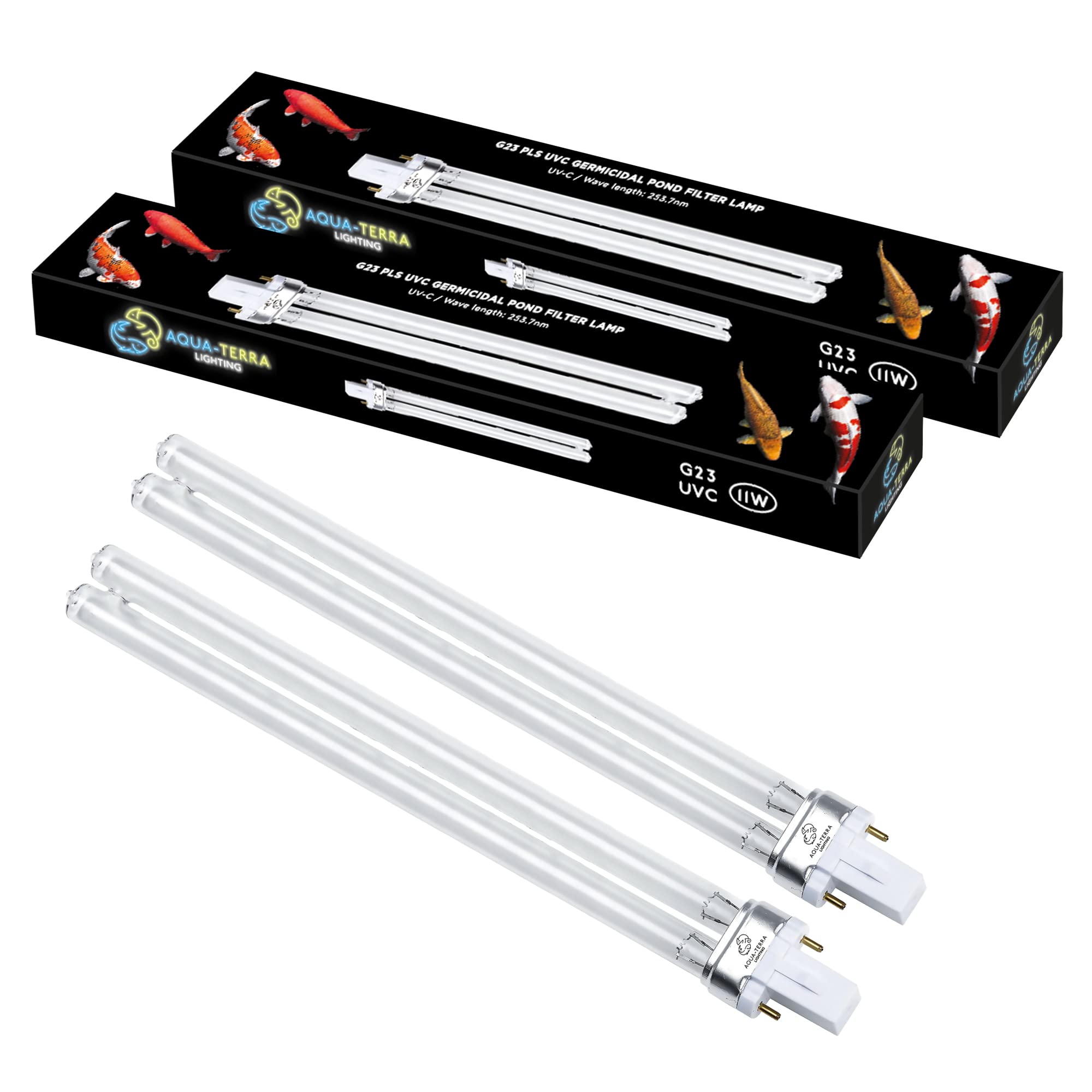 Aqua-Terra Lighting 11W Pond Filter Bulb 2-Pack – UVC Ultra Violet Bulbs for Filters & Clarifiers – Germicidal G23 2pin PLS lamp Base for Replacing UV Bulbs in Garden Pond Filters