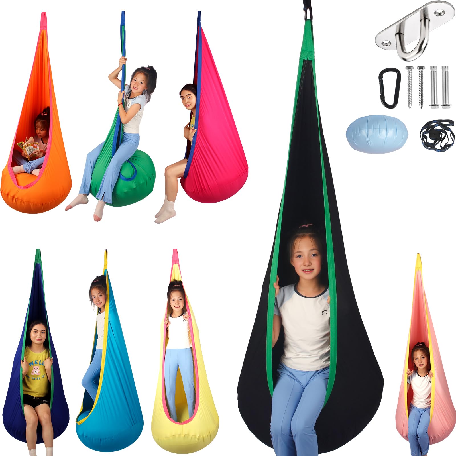 Photo 1 of HiCamer Sensory Swing for Kids Indoor and Outdoor Pod Hammock Chair Seat Upgrade Max 300 lbs Hanging Swing with Inflatable Cushion Includes Hardware Hanger Kit for Aspergers Autism ADHD (Black)