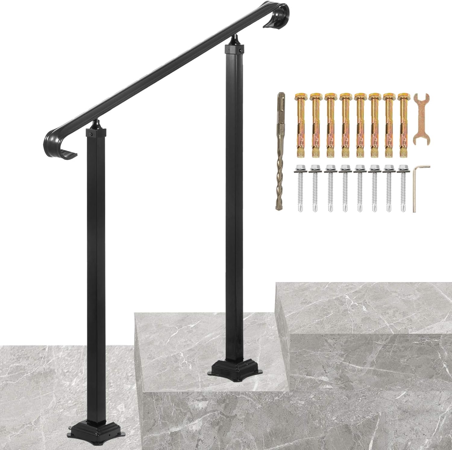 VEVOR Fit 1 or 2 Steps Wrought Iron Handrail,Outdoor Stair Railing, Adjustable Front Porch Hand Rail, Black Transitional Hand railings for Concrete Steps or Wooden Stairs with Installation Kit