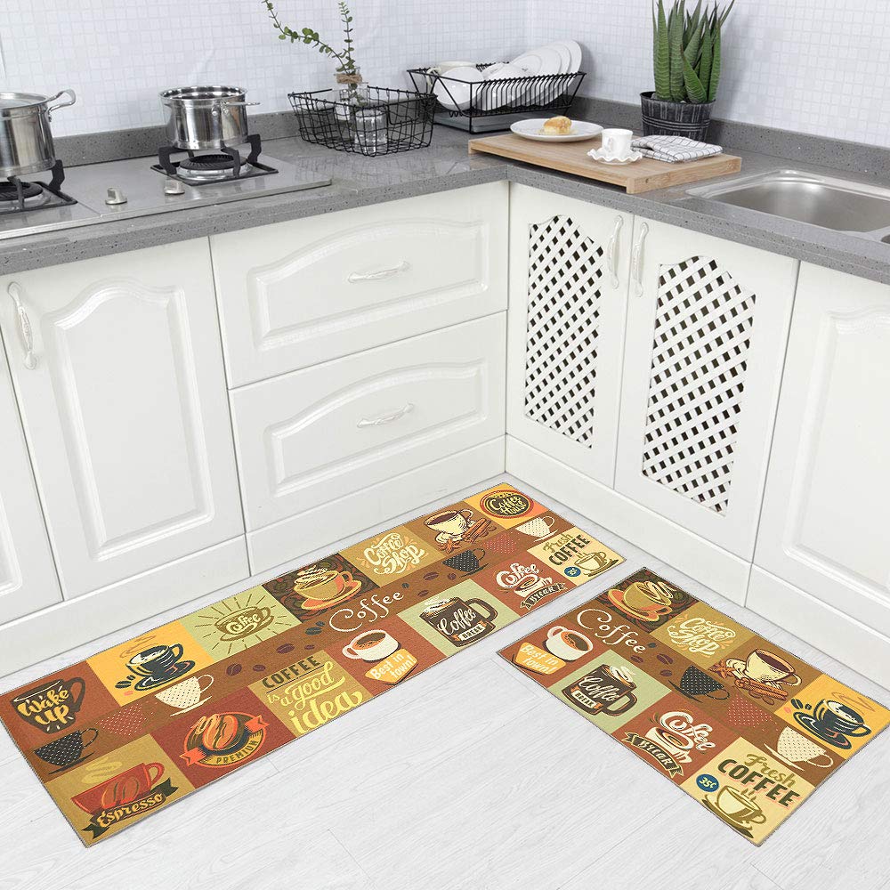 Carvapet 2 Pcs Kitchen Mats and Non-Slip Rubber Backing Doormat Runner Rug in Microfibre (Light Coffee)