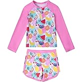 Valcatch Girls Rash Guard Swimsuit Set 2 Piece Long Sleeve UPF 50+ Quick Dry Bathing Suit with Ruffle Shorts for Kids