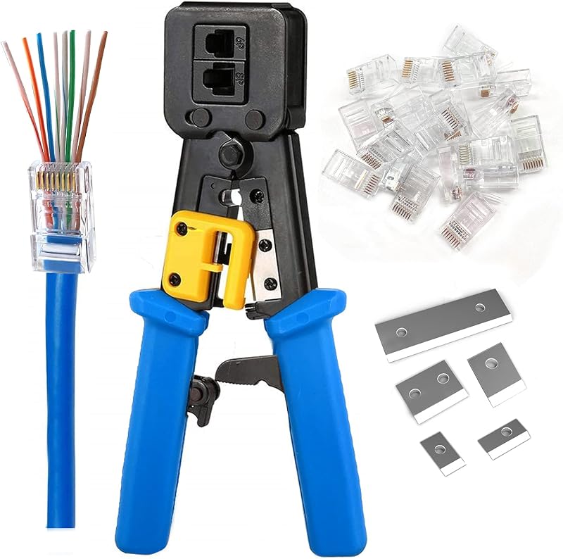RJ45 Crimping Tool with 20 RJ45 Connectors Cat6 Cat5e Cat5 Pass