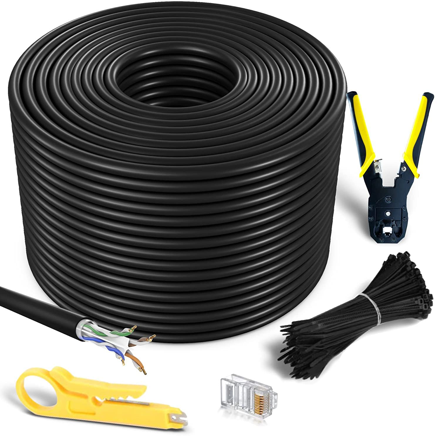 MutecPower 200m CAT6 Outdoor waterproof Direct Burial Ethernet Network Cable - UTP - CCA - 550 Mhz - Black 200 meter with Crimping tool RJ45 connectors and Cable Ties — image 1
