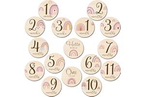 TIAMON 16 Pieces Wooden Baby Monthly Milestone Cards Baby Monthly Milestone Marker Discs Double Sided Monthly Milestone Wooden Circles Baby Months Signs for Baby Shower Newborn Photo Props(Rainbow)