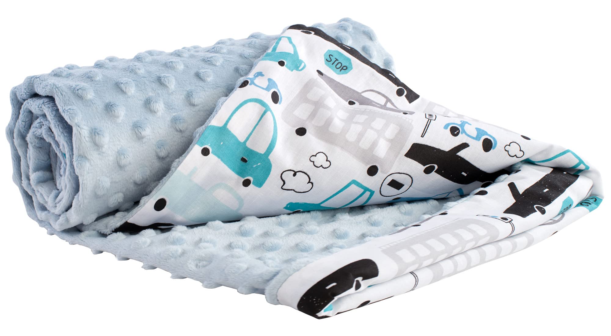 Medi Partners Baby Blanket Newborn Pram Soft 100% Cotton 75x100 Cot Toddler Comfort universal Cuddly Fluffy Crawling Plush bilateral Blankets (Grey Cars with Light Blue Plush)