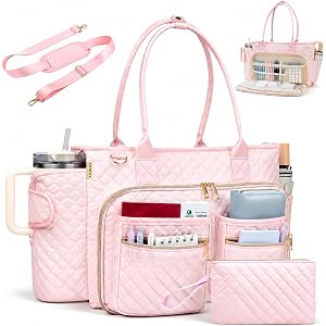 SIYNPAV Teacher Tote Bag with 15.6 in Laptop Compartment& Cup Holder Pink | with Insulated Pocket, with Shoulder Strap for Of