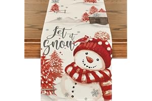 Artoid Mode Xmas Trees Let It Snow Red Snowman Christmas Table Runner, Seasonal Winter Holiday Kitchen Dining Table Decoration for Home Party Decor 13x72 Inch