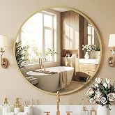 NEWBULIG 30 Inch Round Bathroom Wall Mirror, Circle Vanity Mirror | Metal Framed Circle Vanity Mirror, Wall Decor for Bedroom, Entryway, Anti-Rust, Tempered Glass, Hanging or Leaning, Gold