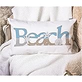 EKOBLA Beach Vintage Wood Lettering Quote with Ocean Home Pillow Cases Coastal Sea Starfish Scallop Summer Waist Lumber Cotton Linen Cushion Cover Oblong Rectangle Pillowcase for Home 12x20 Inches