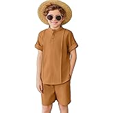 Arshiner Boy's 2 Pieces Linen Sets Short Sleeve Henley Shirt and Shorts Summer Beach Matching Outfits 4-12 Years